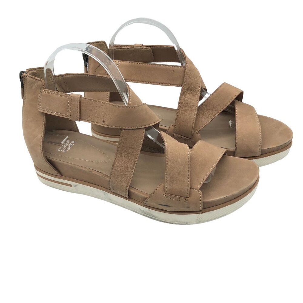 Eileen Fisher Womens Tan Nubuck Platform Sandals With Crisscross Straps Size 10